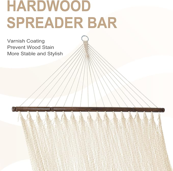Lazy Daze Hammocks 10.5 FT Double 2 Person Caribbean Rope Hammock, Hand Woven Polyester Hammock with Spreader Bars, for Outside Outdoor Backyard Patio Poolside,450 LBS Capacity, Cream