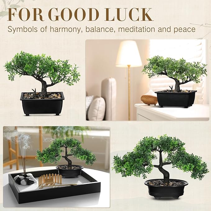 Jexine 4 Pack Artificial Bonsai Tree, Indoor Small Fake Plants in Pots for Home Table Office Desk Bathroom Shelf Bookshelf Bedroom Living Room Farmhouse Decorations