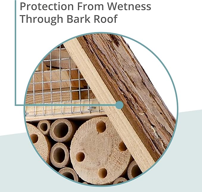 I Large Insect Hotel with bark roof Natural, Weatherproof, Insect House Made of Natural Wood for Bees, Ladybugs, lacewings, Butterflies, bee Hotel, Nesting aid for Hanging