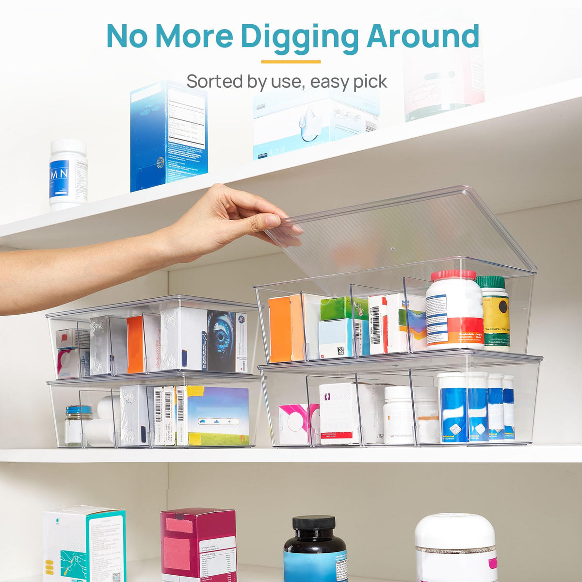 Vtopmart 4 Pack Pantry Organizer Bins with Lids, Removable Dividers