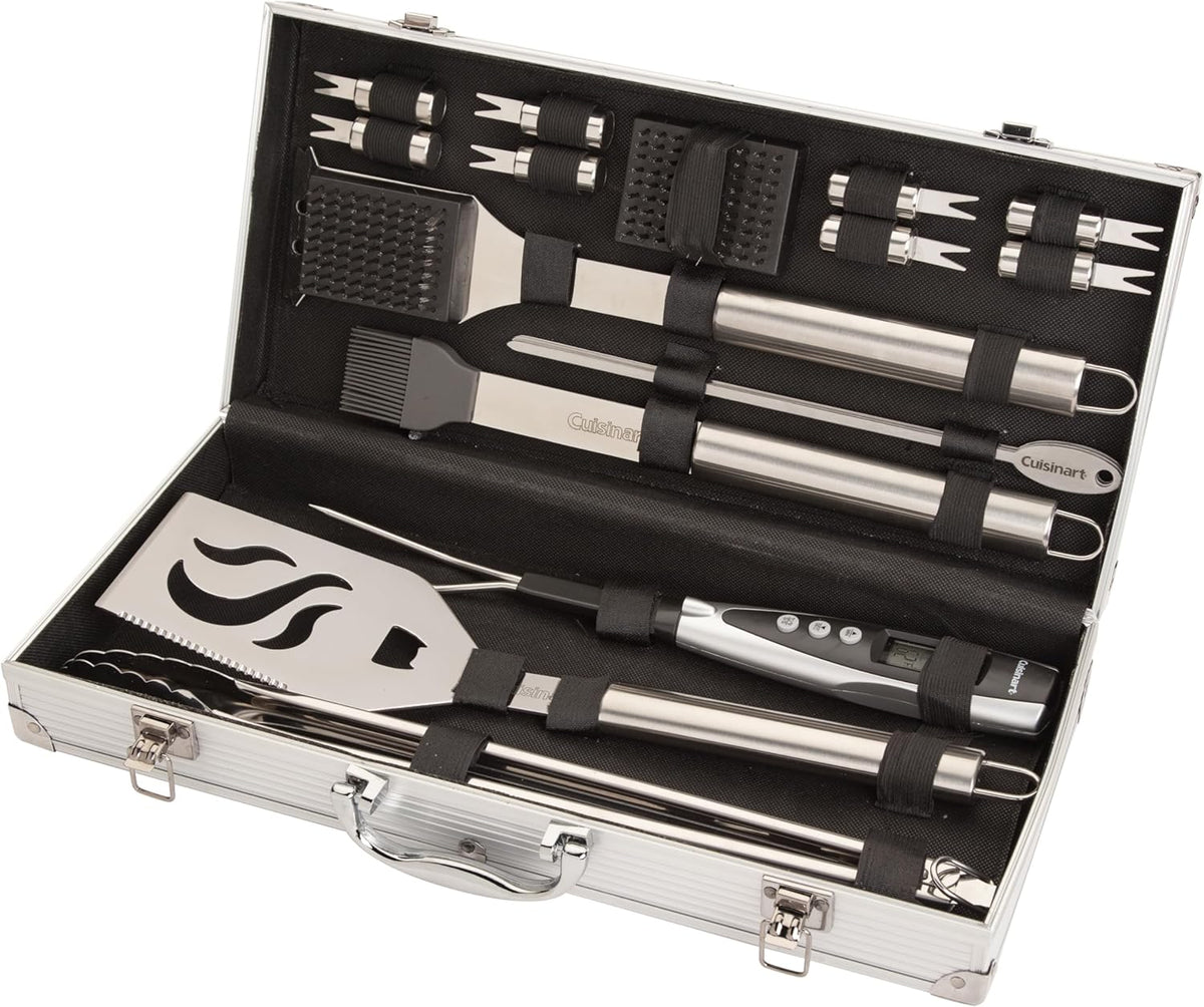 Cuisinart Deluxe Grill Tool Set, 20-Piece Grill Tools BBQ Accessories with Aluminum Case & Digital Temperature Fork, Spatula, Tongs, Stainless Steel Grilling Accessories, Grilling Set for BBQ