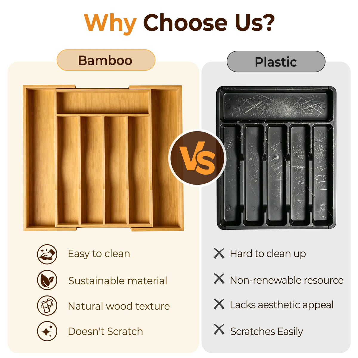 oridom Expandable Bamboo Kitchen Drawer Organizer for Cutlery and Utensils, Adjustable Bamboo Wood Cutlery Tray in Drawer for Flatware and Silverware in Kitchen, (Natural)