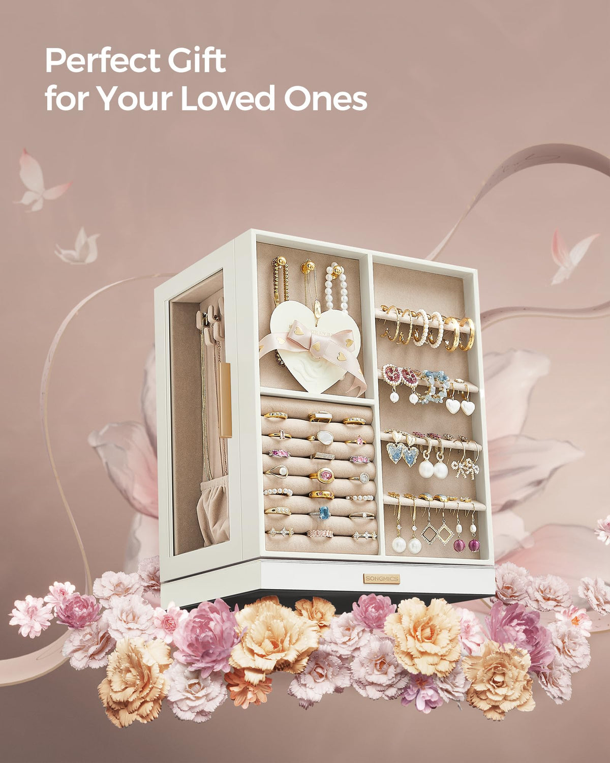 SONGMICS Jewelry Box Organizer, 360° Rotating, 5 Drawers, Cloud White