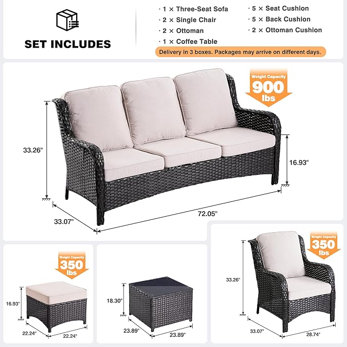 ovios 6 Pieces Patio Furniture Set, Outdoor Wicker Sofas with Glass Coffee Table and Comfy Cushions, All Weather High Back Couch Set for Deck Porch, Brown Rattan, Beige