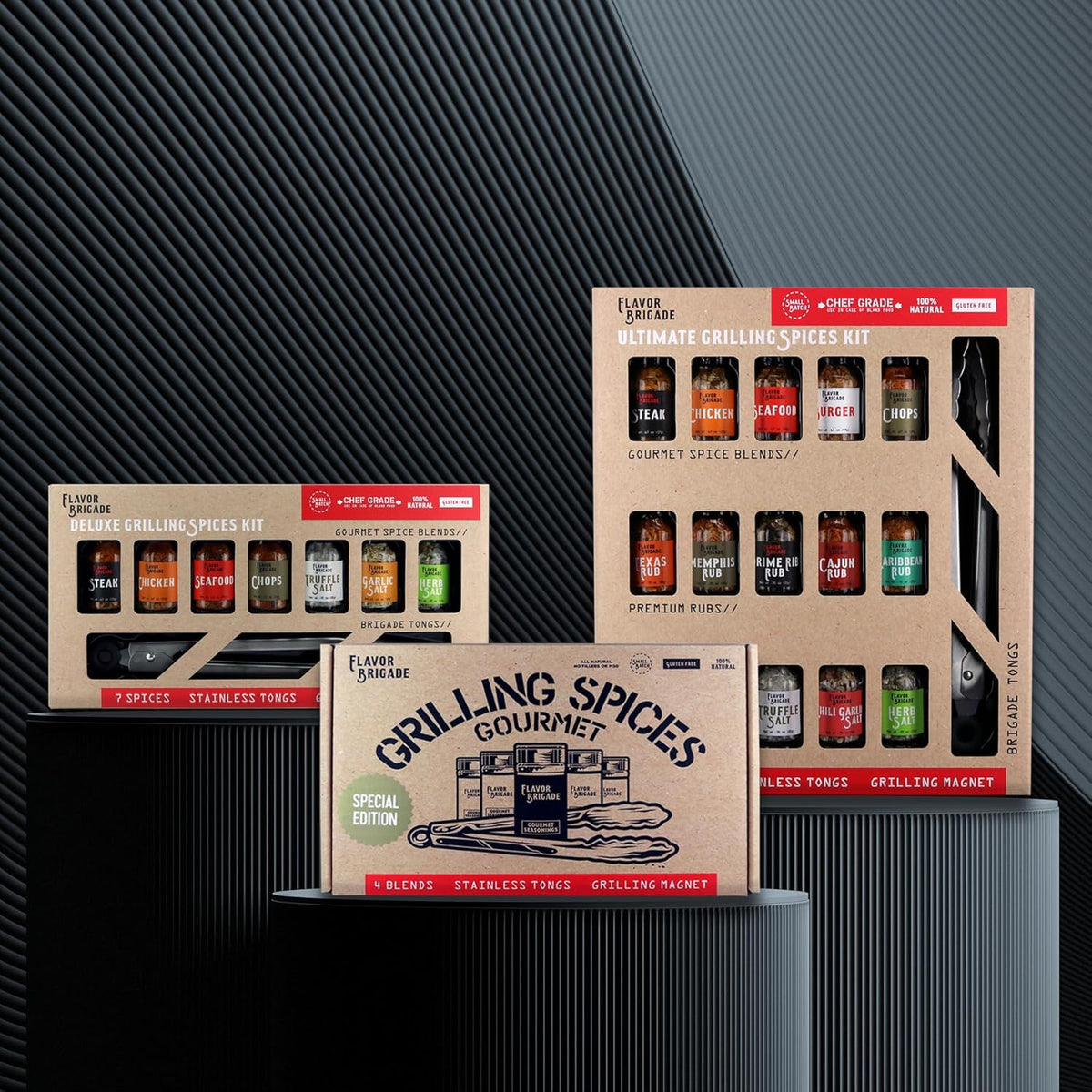 Flavor Brigade Gourmet Grilling Spices Gift Set for Guys, Dad, Men, BBQ Grill Accesories, Smoker, Seasonings, Rub, Steak, Burgers, Chicken, Fish & Stainless Tongs (4 Bags, 7 Piece Set)