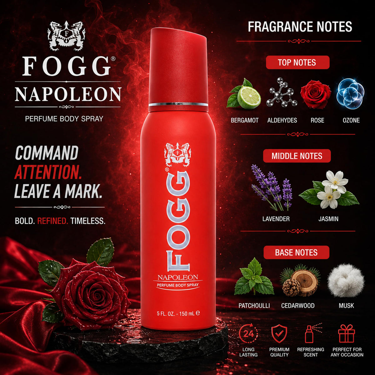 Napoleon by Fogg - Perfume-Based Body Spray for Men - Spicy Woody Fragrance Body Spray - Opens with Notes of Bergamot, Aldehydes, and Rose - 5 oz