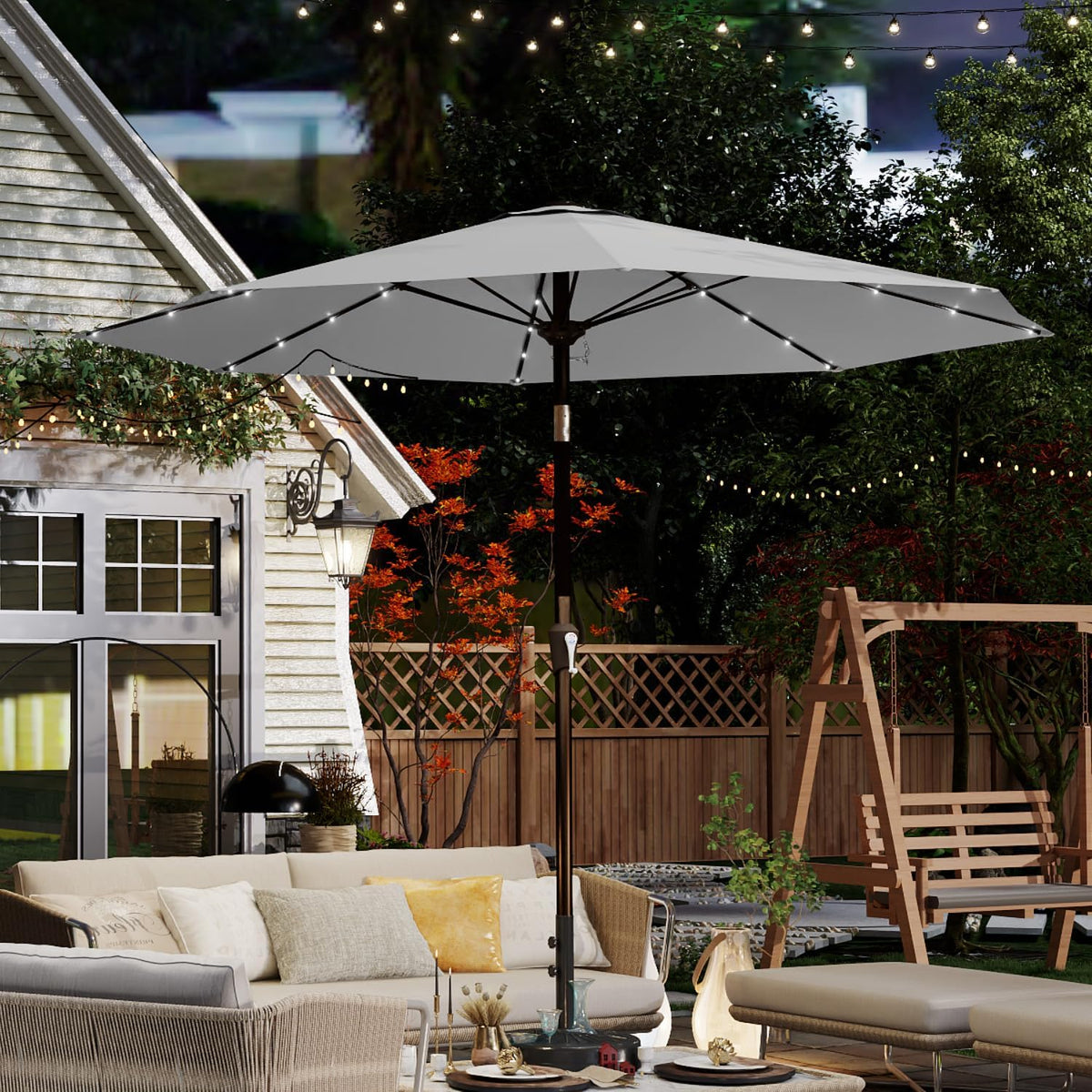 10FT Solar Umbrella 32 LED Lighted Patio Umbrella Table Market Umbrella w/Tilt and Crank, UV-Resistant Outdoor Umbrella for Pool, Garden, Deck, Light Gray