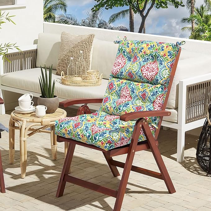 LVTXIII Outdoor Seat/Back Chair Cushion Patio Tufted High Back Cushion, Seasonal Replacement Rocking Chair Cushion with Ties, 22” W x 20D”, Set of 2, Damask Red