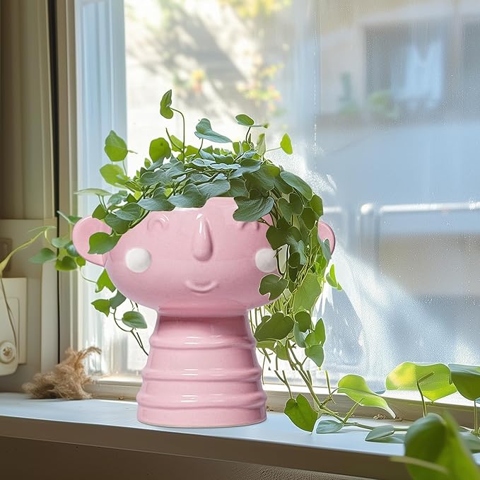 Smiley Face Planter - 7 Inch Ceramic Head Planter for Indoor Outdoor Plants, Cute Succulent Pots with Drainage Hole, Decorative Flower Pots, Home Room Desk Decor, Birthday Gifts, Bright Pink