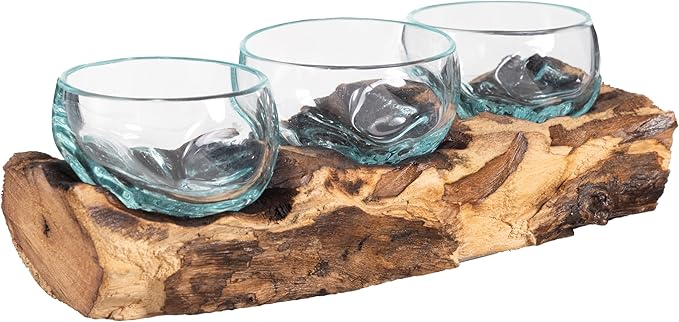 Cape Craftsmen Set of 3 Terrariums | Hand-Blown Blue Tinted Bubble Glasses On Natural Teak Driftwood Terrarium | Home Décor Indoor Planter with Stand | Glass Clear Pots for Succulent and Plants
