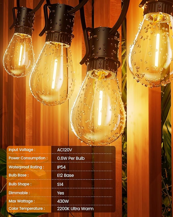 Torkase 50FT Outdoor String Lights LED, S14 Shatterproof Bulbs (15+1), Waterproof Dimmable Patio Lights for Backyard, Porch, Garden - Connectable Commercial Grade