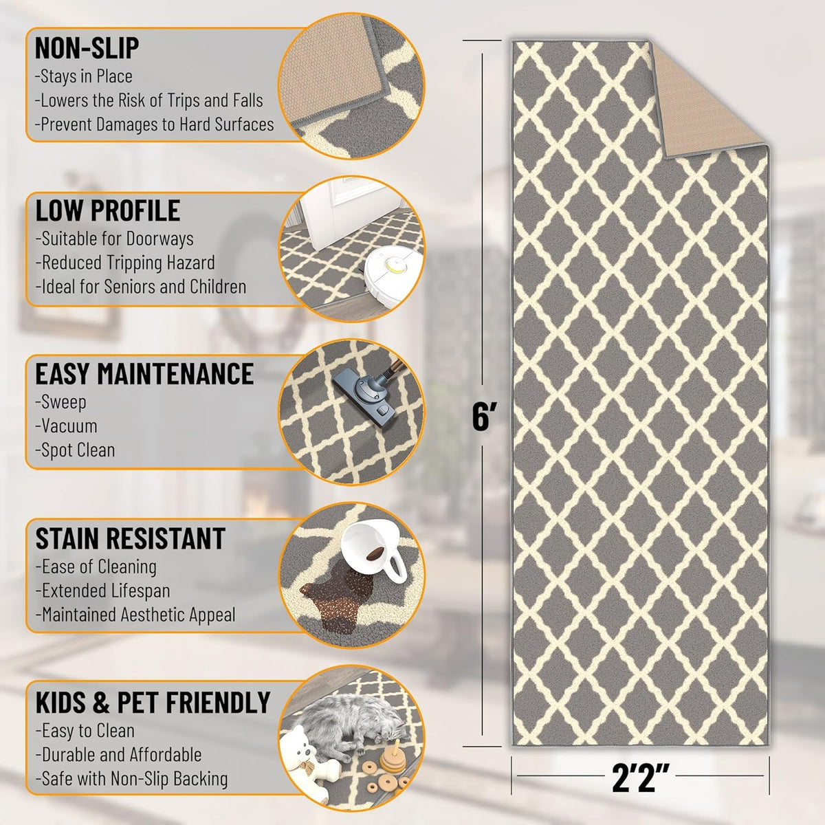 Ottomanson Hallway Runner Rug 2'2" x 6' Non Slip Trellis Area Rugs Easy to Clean Laundry Rug Runner Durable & Pet Friendly Floor Carpet Runners for Hallways Entryway Living Room Kitchen, Gray