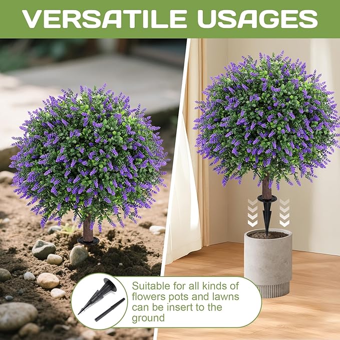Artificial Lavender Topiary Ball Tree 25" with Ground Spike, Set of 2 Artificial Boxwood Bushes for Faux Shrubs, Fake Evergreen Faux Plant for Indoor Outdoor Porch Garden -UV Resistant–Fade-Proof