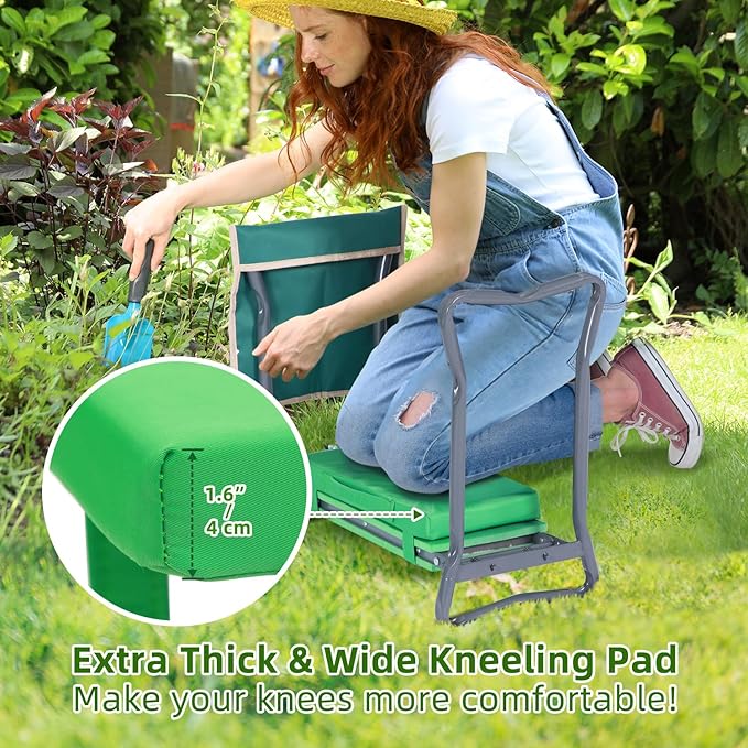 Ohuhu Garden Kneeler and Seat: Upgraded Widened Gardening Stool with Detachable Soft Kneeling Pad, Foldable Garden Bench Heavy Duty with Large Tools Bag and Pouch, Gifts for Women Men Seniors Gardener