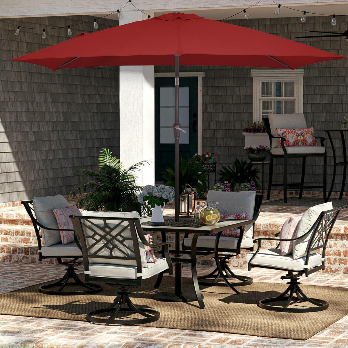 JEAREY 6.5x10 ft Rectangular Patio Umbrellas Outdoor Market Umbrella with Push Button Tilt and Crank, Rectangle Table Umbrella 6 Sturdy Ribs UV Protection for Pool Garden Backyard Deck, Red