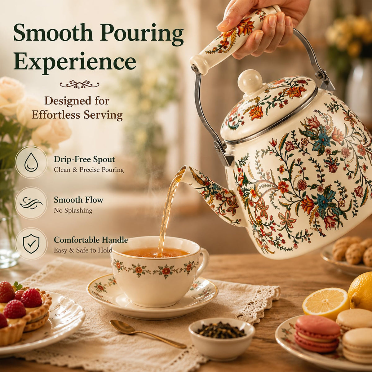 OLYTARU 112 oz Floral Tea Kettle Pot for Stove Top, 3.5 QT Enamel Teapot