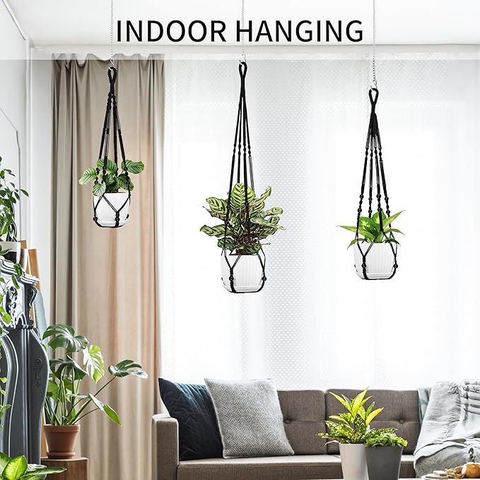 3 Pack Macrame Plant Hanger - 43"/35"/29" Different Sizes, Hanging Planter Basket Flower Pot Holder for Indoor Outdoor, with Wood Beads, Boho Home Decor, Black (POTS NOT Included)