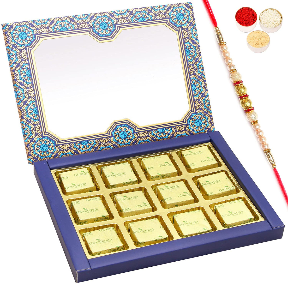 Ghasitaram Gifts Rakhi Gifts for Brothers Rakhi Sugafree Chocolates - 12 pcs Blue Printed Roasted Almond Sugafree Chocolates Box with Pearl Rakhi