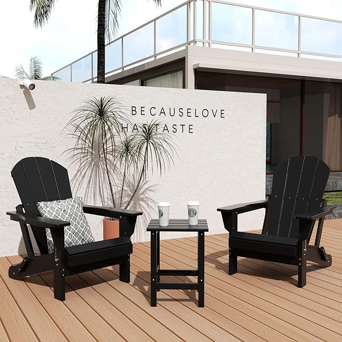 WO Home Furniture Adirondack Chair Table Set of 2 PCS Outdoor Folding Chair w Side Table Weather/UV Resistant for Lawn, Garden, Bon Fire, Balcony (Black)