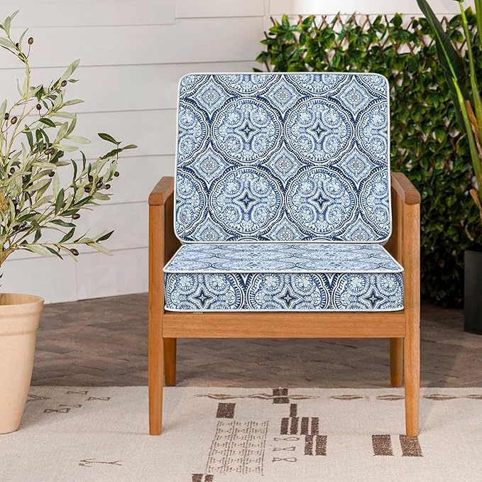 LVTXIII Patio Chair Cushions 22"x22"x3", Water-Repellent Outdoor Seat Cushions for Patio Furniture, Square Chair Pads with Ties for Home Garden Decoration, Set of 2, Medallion Blue