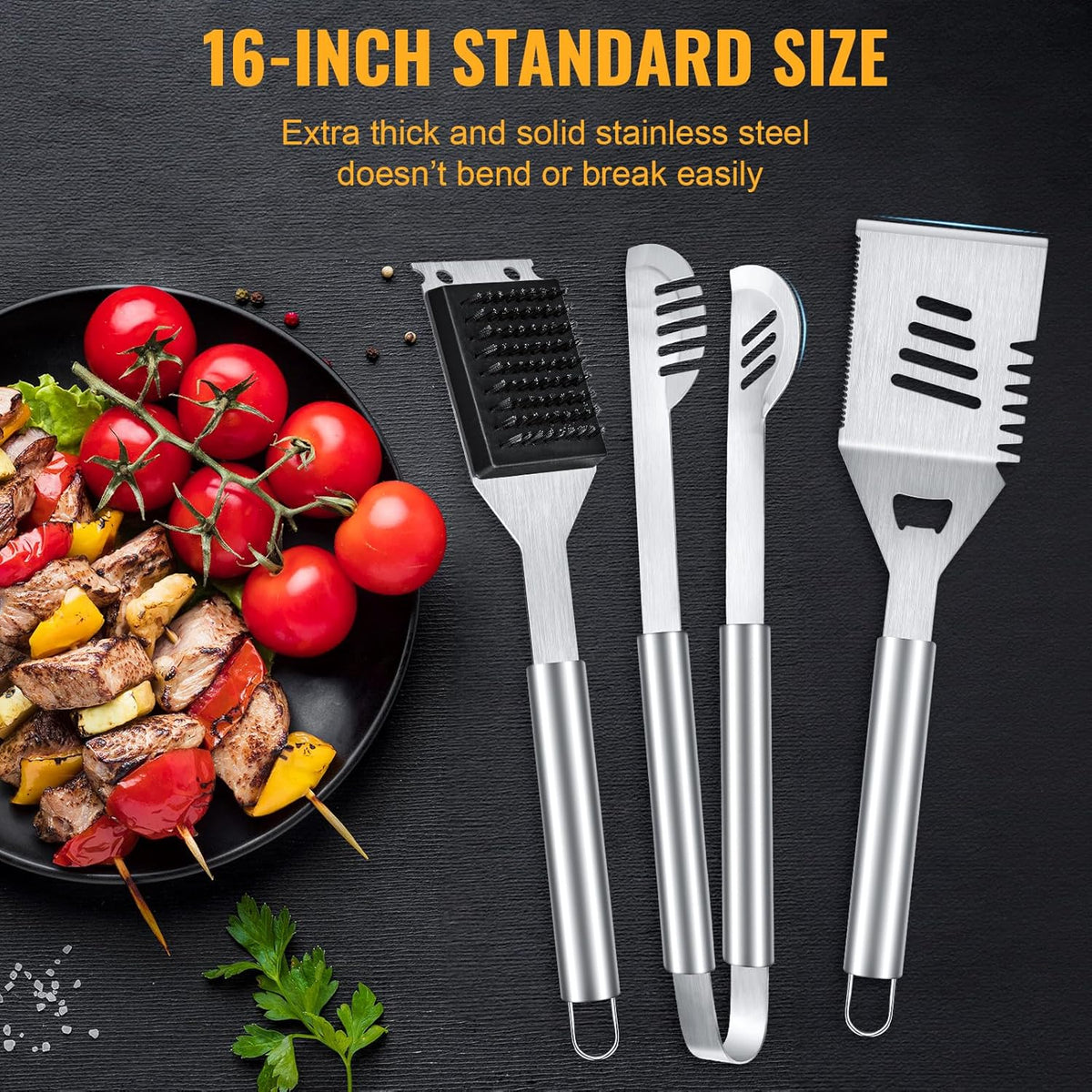 BBQ Tool Grilling Accessories, 16-Inch Stainless Steel BBQ Grill Tools Set for Men, Heavy Duty Grilling Accessories Kit for Camping, Kitchen, 3 PCS Extra Thick Barbecue Utensil