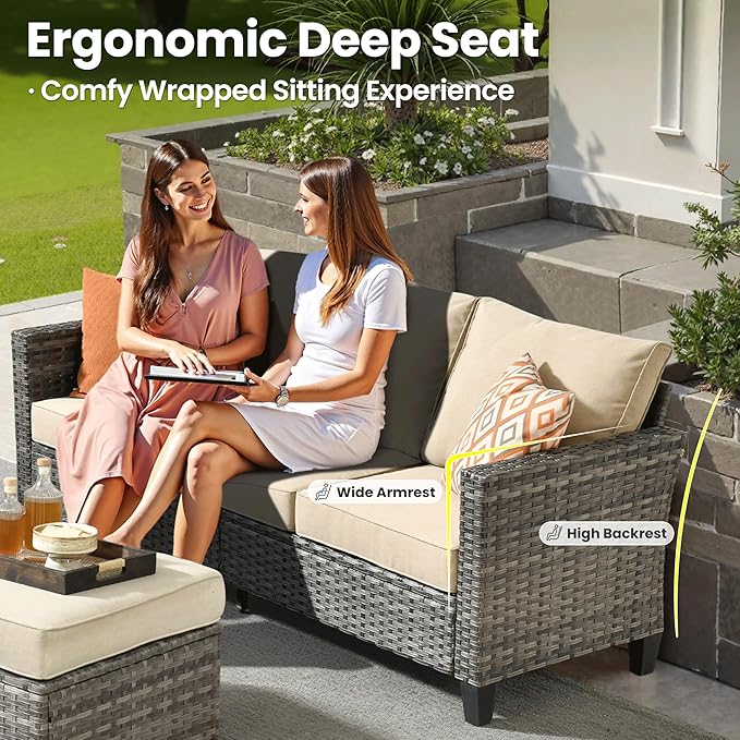 ovios 7 Pieces Patio Furniture Set with 54" Fire Pit Table, Outdoor Wicker Sofa with Comfy Cushions, All Weather High Back Rattan Couch Conversation Set, Beige