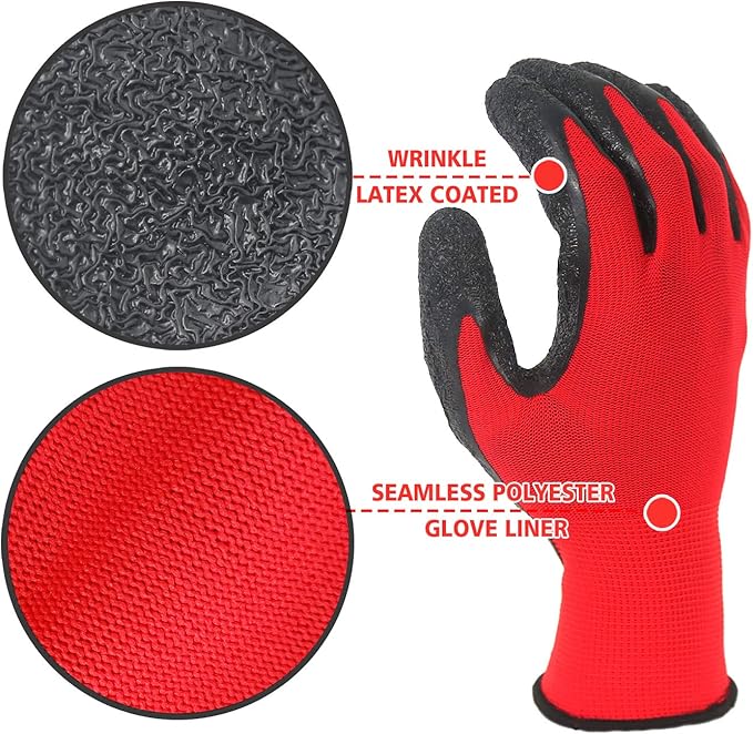 Evridwear Crinkle Latex Rubber Hand Coated Safety Work Gloves for Men Women General Multi Use Construction Warehouse Gardening Assembly Landscaping (M-Size) 12 Pairs Pack