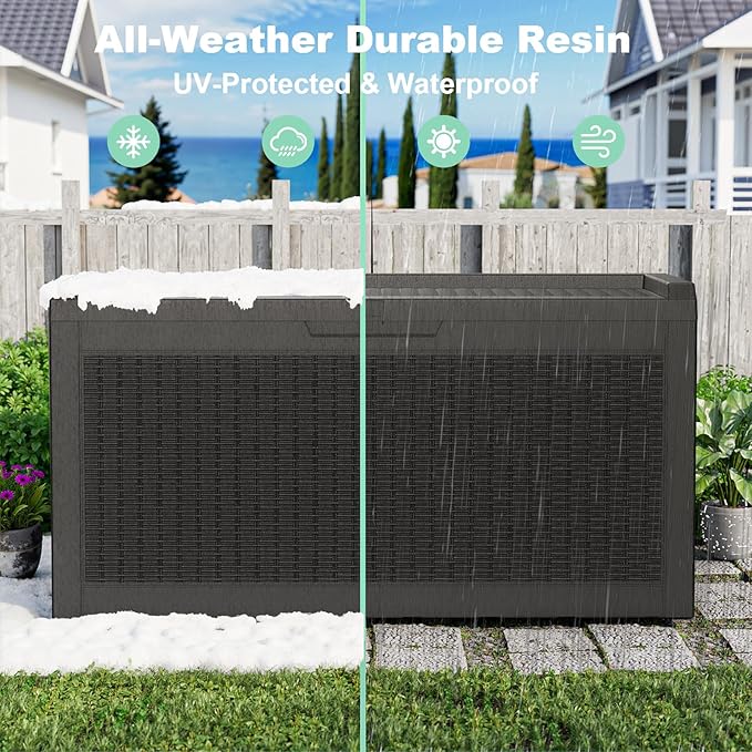 DRATO 60 Gallon Deck Box, Waterproof Resin Large Outdoor Storgae Box for Patio Furniture, Patio Cushions, Gardening Tools, Pool and Sports Supplies, Lockable