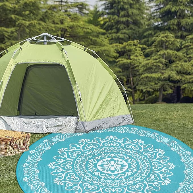 Pauwer Waterproof Outdoor Rug 8ft, Reversible Plastic Straw Patio Camping Rug, Indoor Outdoor RV Mat Carpet for Deck, Camper, Porch, Balcony, Backyard, Picnic, Floral Teal