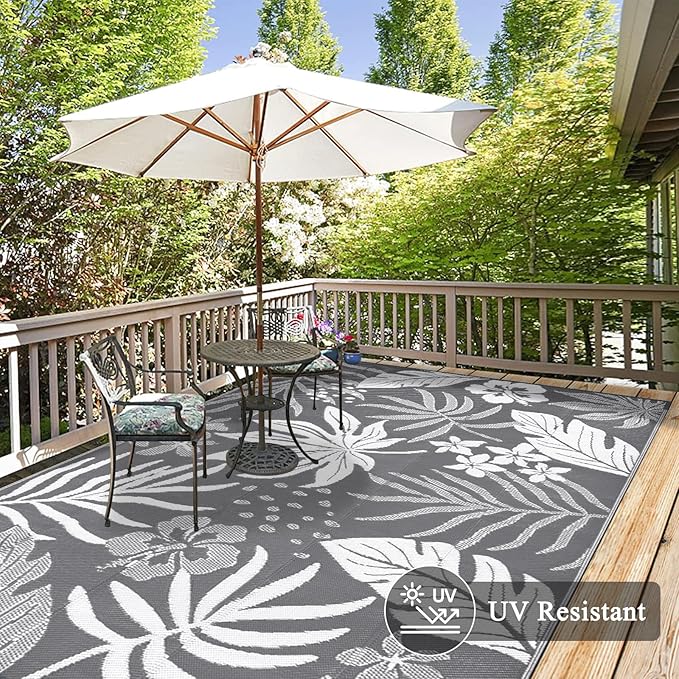Pauwer Waterproof Outdoor Rug 6x9, Reversible Plastic Straw Patio Camping Rug, Indoor Outdoor RV Mat Carpet for Deck, Camper, Porch, Balcony, Backyard, Picnic, Floral Grey