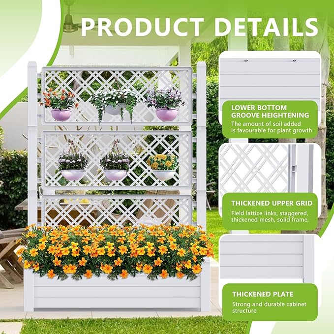 59.3in Planter Box Trellis, Large Outdoor Plastic Raised Garden Bed with Drain Plug for Climbing Plants(Ashen,43.43 * 18.27 * 59.29)