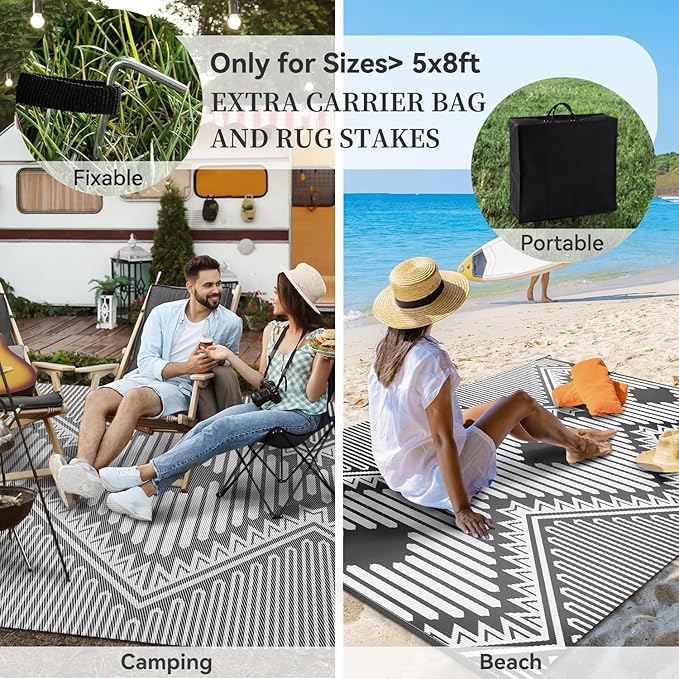 MontVoo Outdoor Rug 8x10 Waterproof Patio Rug-Outdoor Carpet Mat Reversible Plastic Straw Outside Outdoor Rug for RV Camping Picnic Beach Balcony Backyard Pool Deck Porch Modern Boho Grey