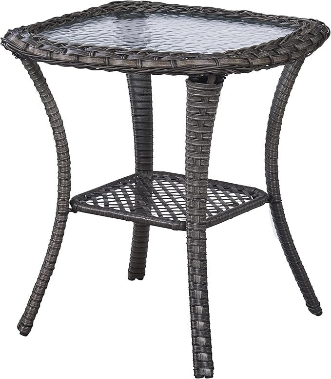 Patio Tables Wicker Side Table - Rattan End Table with Glass Top for Outdoor Outside Patio Porch Deck Square Brown