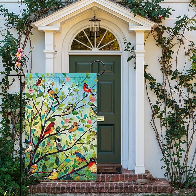 Louise Maelys Spring Welcome Garden Flag Bird Tree Double Sided 12x18 Inch Floral Small Burlap Holiday House Yard Outdoor Outside Home Decor