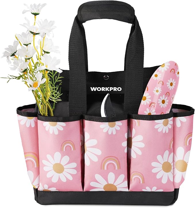 WORKPRO Garden Tool Bag, 9 Pockets Gardening Bag, Heavy Duty Oxford Garden Tote Caddy (Tools NOT Included), 12" x 12" x 6"-Pink Ribbon