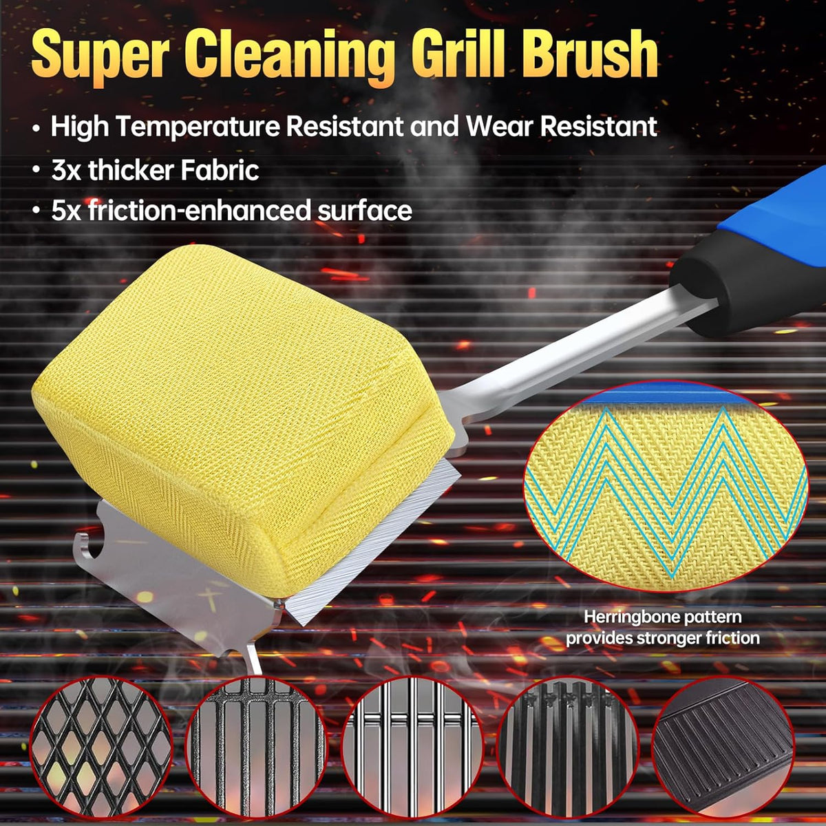 Grill Brush Bristle Free for Outdoor Grill, Steam Grill Cleaning Brush Replaceable BBQ Cleaner Brush Head,Extended Handle, Safe Grill Brush with Scraper for Cast Iron Stainless-Steel Grates, Blue