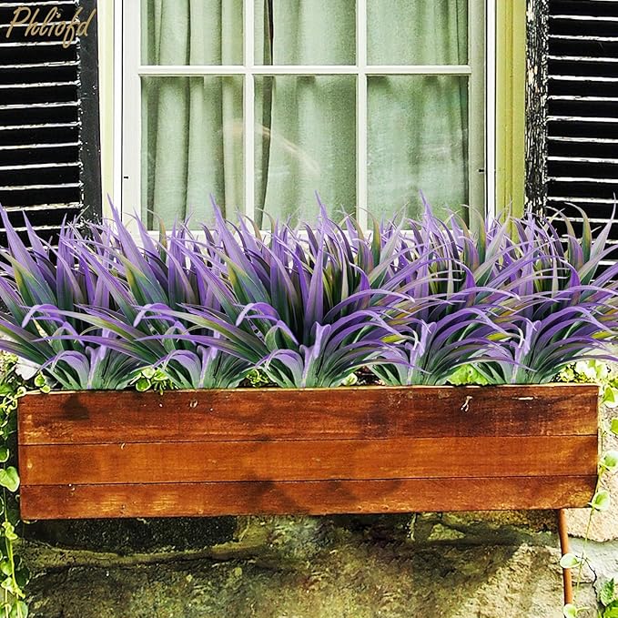 32Pcs Artificial Grass Fake Plants 17.3in Outdoor Plants UV Resistant Faux Greenery Stems Fake Grass for Home Window Garden Office Patio Pathway Front Porch Halloween Décor Green & Purple