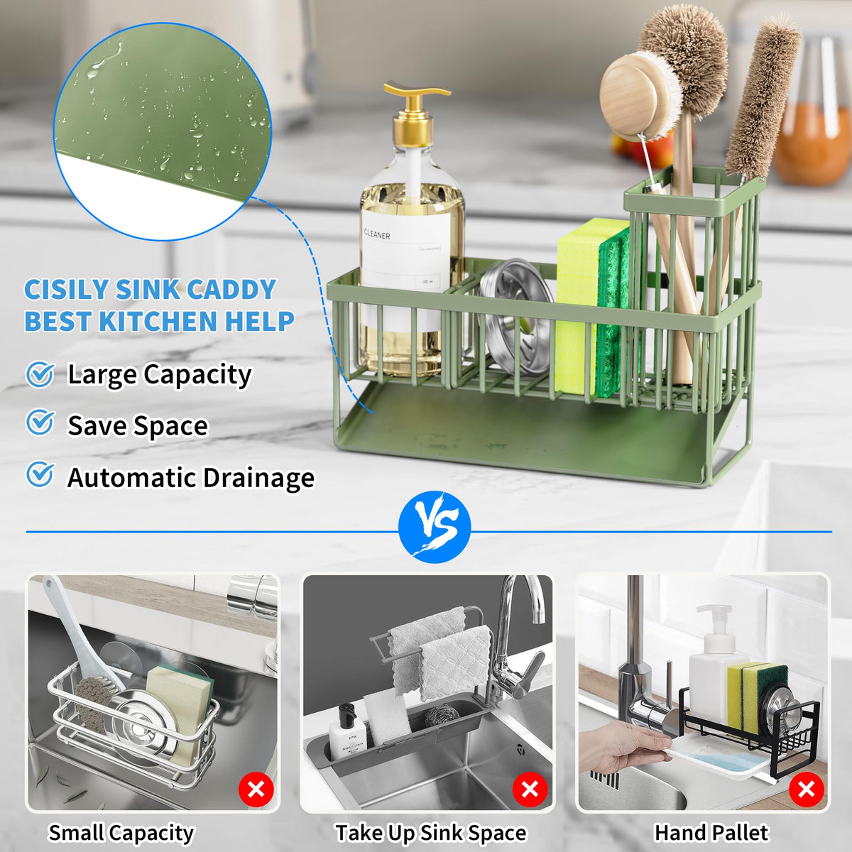 Cisily Kitchen Sink Caddy, Sponge Holder for Kitchen Sink, Kitchen Sink Organzier and Storage with High Brush Holder, 304 Stainless Gadgets Sink Accessories, Organizadores de Cocina Sage Green