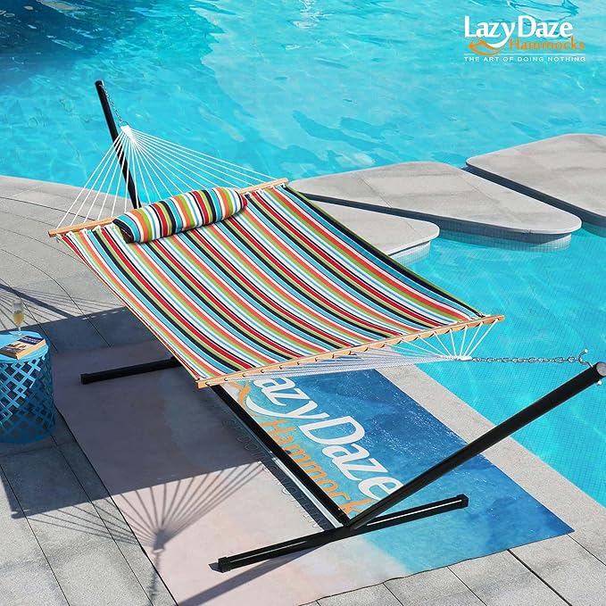 Lazy Daze 12 FT Sunbrella Fabric Hammock with Spreader Bars and Free Pillow Fits for Two Persons, All Weather and Fade Resistant for Patio Yard, 450 lbs Weight Capacity, Carousel Confetti
