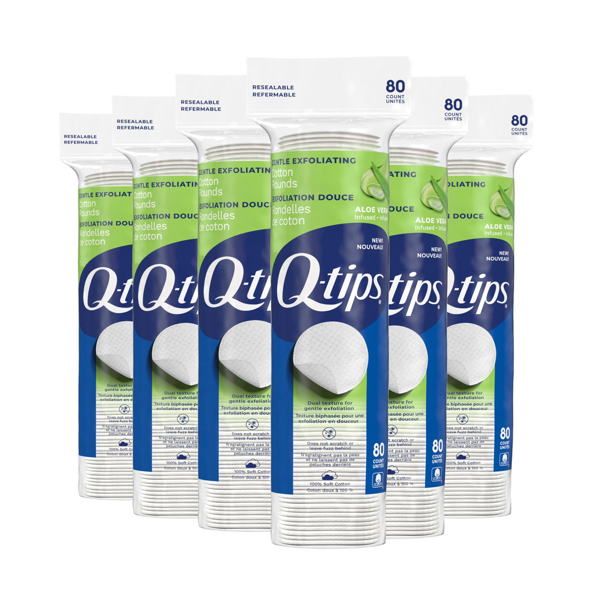 Q-Tips Gentle Exfoliating Cotton Rounds for Face, 100% Cotton, Dual Textured Lint Free Makeup Remover Pads, Cleansing Face Pads for Toner, Nail Polish Remover, Skin Care - 80 Count Per Pack, 6 Pack