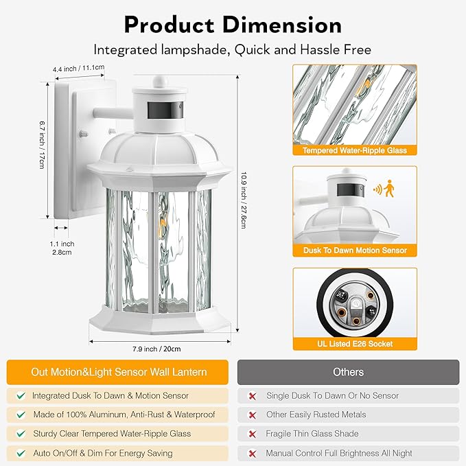 VIANIS 2-Pack Motion Sensor Outdoor Lights for House, White Garage Light Wall Mount Lantern, Modern Exterior LED Wall Lights Fixtures with Ripple Tempered Glass, Outside Wall Sconce Lamp for Porch