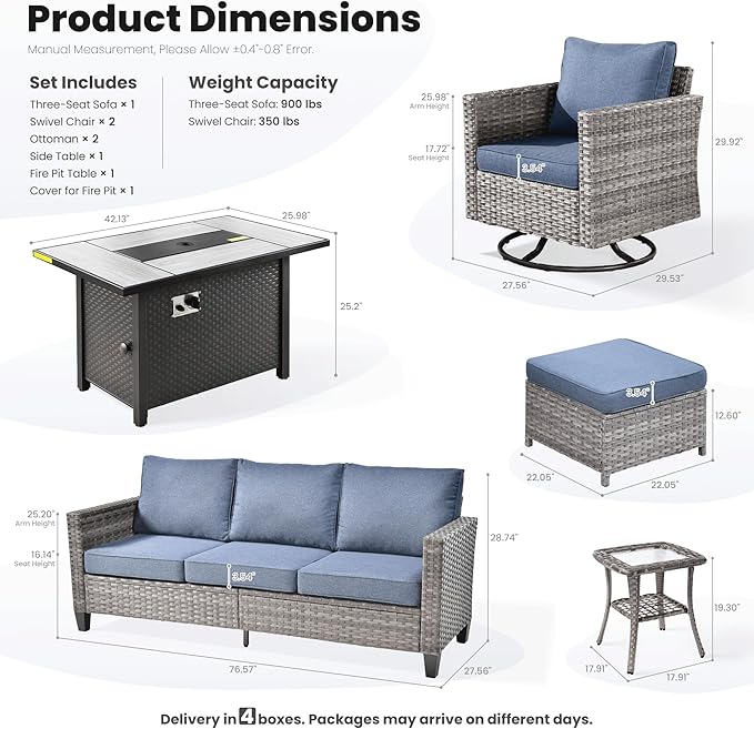 ovios 7 Pieces Patio Furniture Set with 42" Fire Pit Table, Outdoor Wicker Sofa with Swivel Chairs, All Weather High Back Rattan Couch Conversation Set, Denim Blue