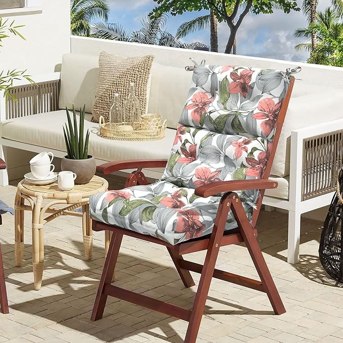 LVTXIII Outdoor Seat/Back Chair Cushion Patio Tufted High Back Cushion, Seasonal Replacement Rocking Chair Cushion with Ties (22” W x 20D”, Set of 2, Clemens Noir Pink)