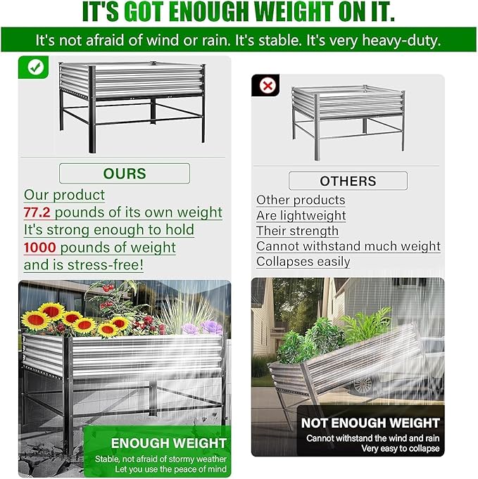 Doniks Raised Garden Bed with Legs, 48×48×32in Large Outdoor Metal Galvanized Garden Planting Box,1000lb Capacity for Vegetables Lawn Green Flowers, Fruits, Terrace