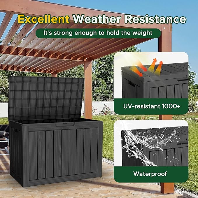 45 Gallon Outdoor Deck Box,Storage Lockable Waterproof Patio Furniture,Garden Tools,Cushions,Pool Accessories Outside Storage Resin Box(Black)