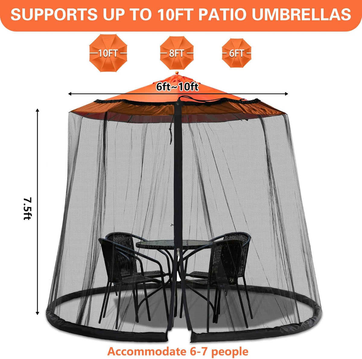 7.5-10FT Mosquito Netting for Patio - Mosquito Net for Patio Garden and Outdoor Umbrellas with Zipper and Adjustable, Umbrella Netting for Outdoor Umbrellas