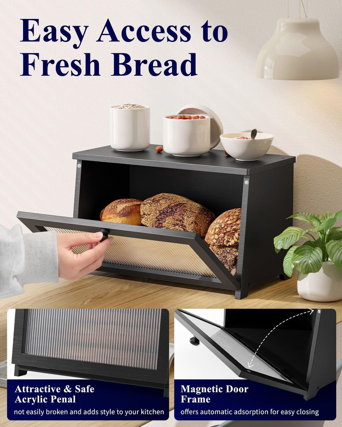 Kitsure Wooden Bread Box for Kitchen Countertop, 1-Tier, Black