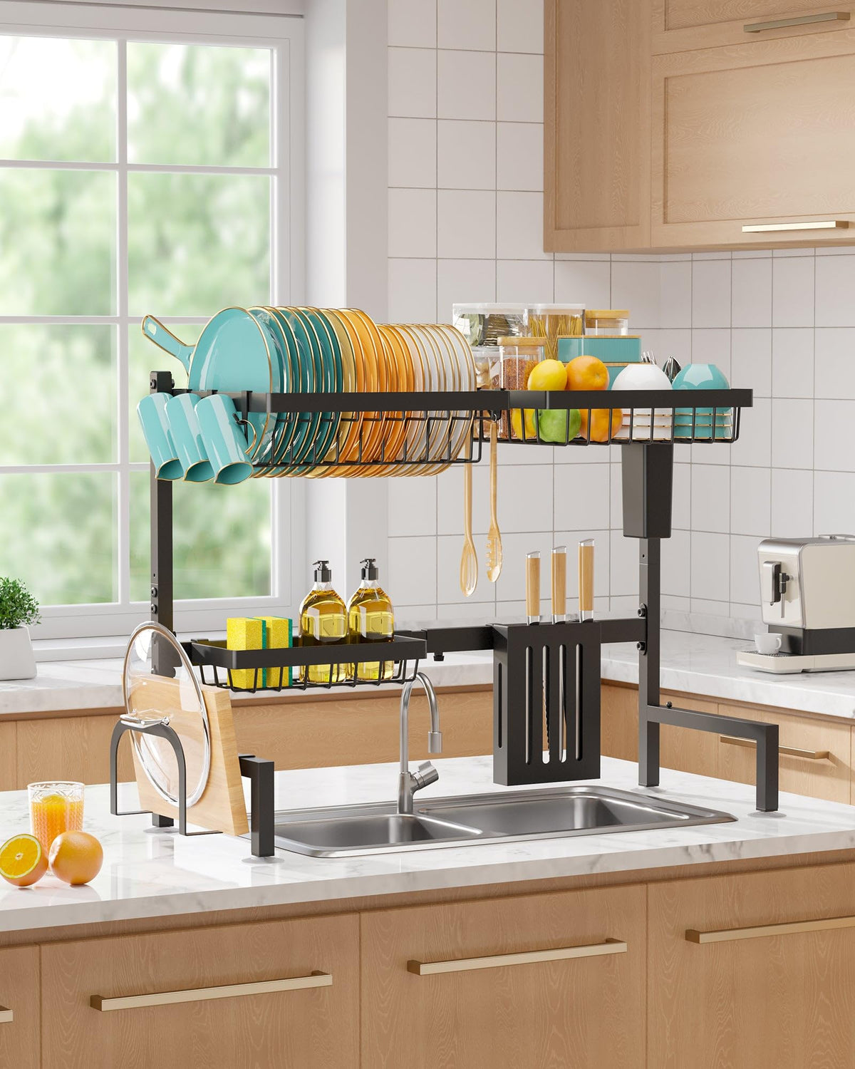 Sakugi Over The Sink Dish Drying Rack - Adjustable 2 Tier Large Capacity Stainless Steel Drainer with Cutlery & Utensil Holders, Kitchen Storage & Organization, 30"-33.9" L x 11" W x 21.5" H, Black