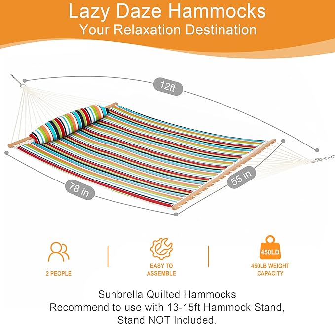 Lazy Daze 12 FT Sunbrella Quilted Hammock Double Hammock with Hardwood Spreader Bar, for Patio Outdoor Outside All Weather, 450 lbs Capacity, Carousel Confetti