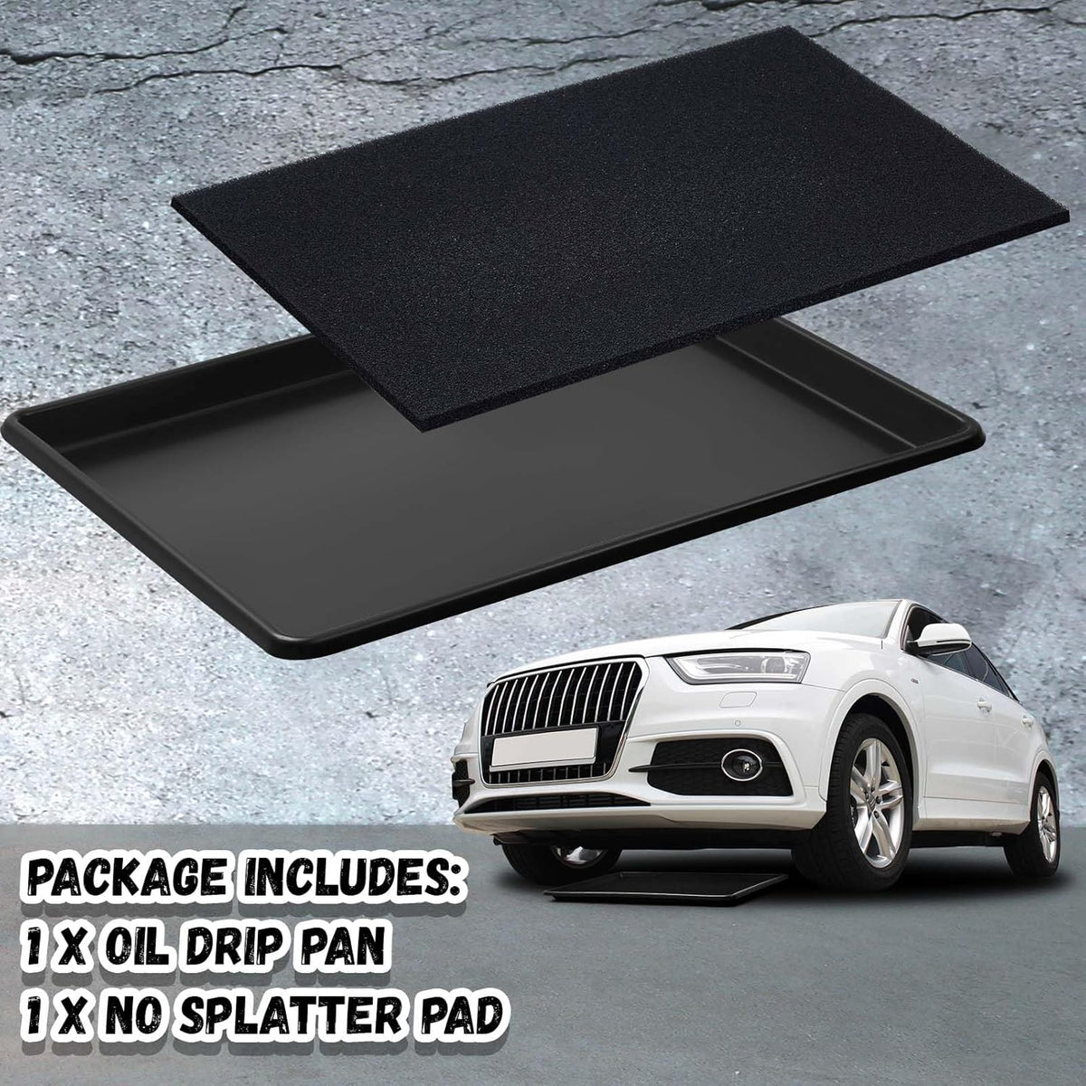 Uiifan 1 Set 27'' x 20''x 1.4'' Oil Drain Drip Pan for Car with Square No Splatter Pad Oil Drip Tray with Mat for Under Car Transmission Garage Automotive Driveway to Keep Floor Clean, Black
